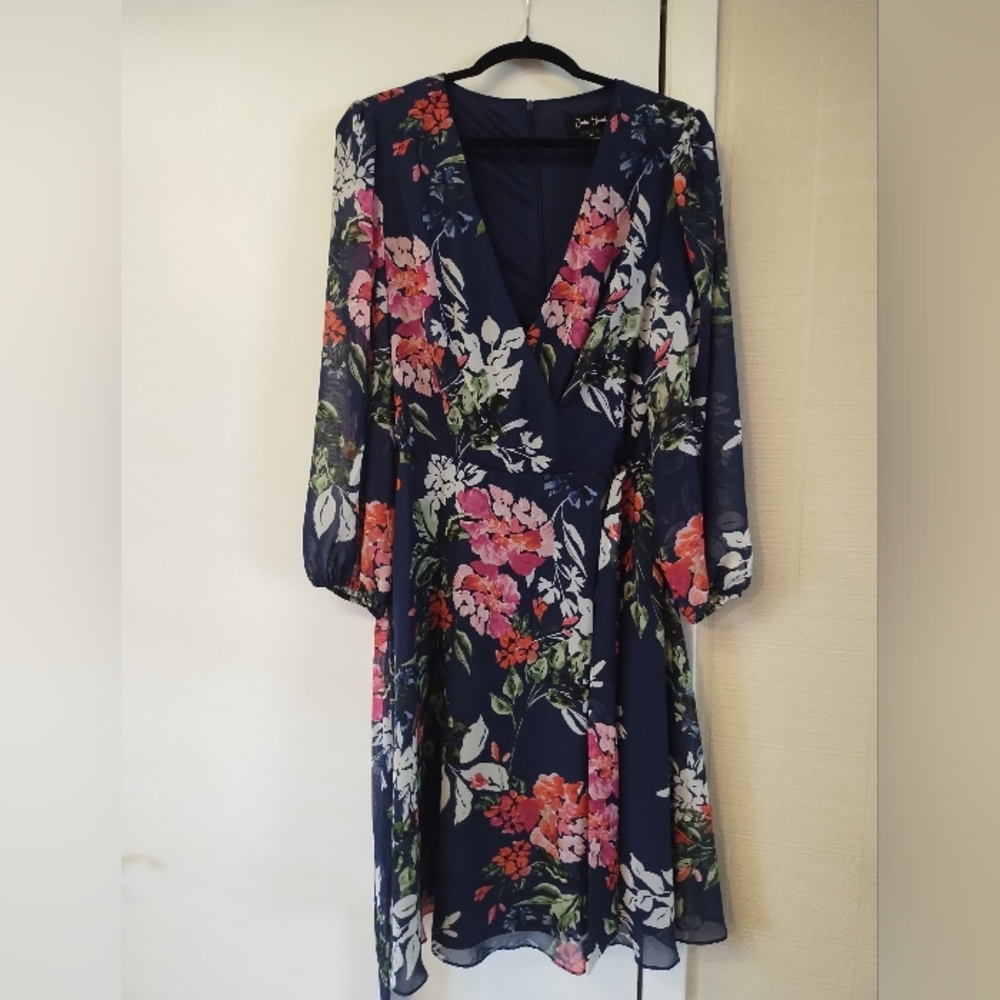 Jessica Howard Navy Floral Dress NWOT 3/4 Sleeves Size 14